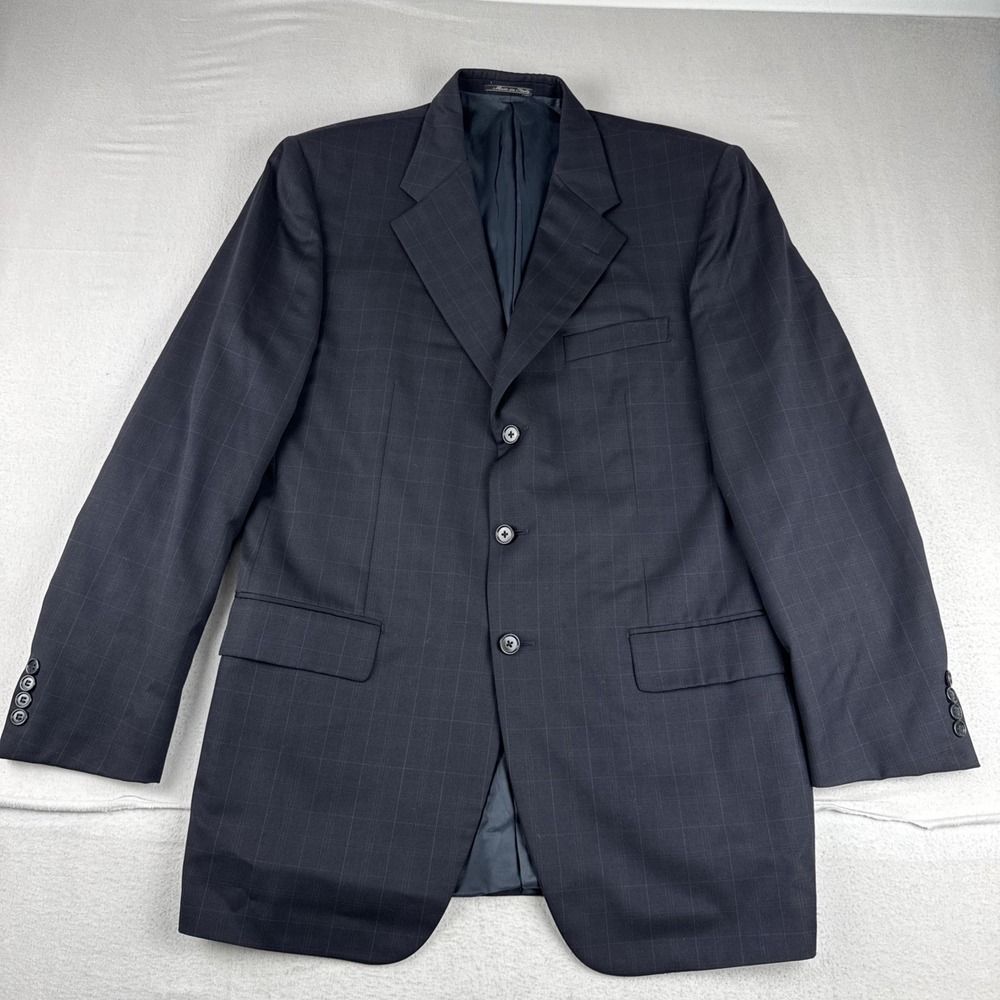 Corneliani Mens Black/Dark Gray Grid Plaid 3-Button Blazer 42L Wool Office